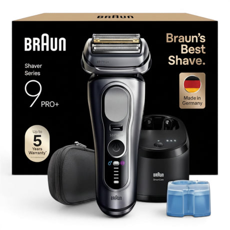 Braun Series 9 Pro+ electric shaver in silver, with SmartCare Center, travel case, and cleaning cartridge. Made in Germany.