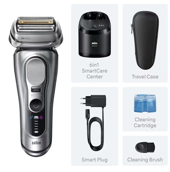 Taghareed Braun Series 9 Pro+ electric shaver in silver, with 5+1 Pro Shaving Head, SmartCare Center, PowerCase, Smart Plug, and cleaning brush.