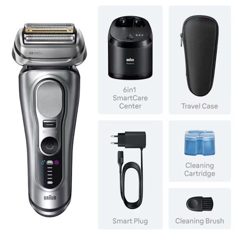 Taghareed Braun Series 9 Pro+ electric shaver in silver, with 5+1 Pro Shaving Head, SmartCare Center, PowerCase, Smart Plug, and cleaning brush.
