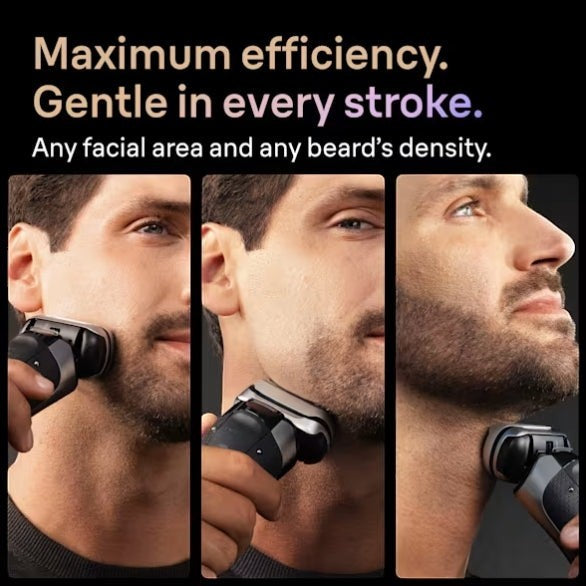 Taghareed Braun Series 9 Pro+ electric shaver in silver, showing close-ups of the shaving head on a man's face and neck.