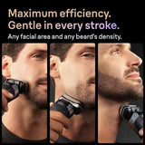 Taghareed Braun Series 9 Pro+ electric shaver in silver, showing close-ups of the shaving head on a man's face and neck.