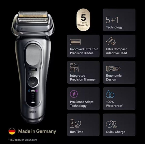 Taghareed Braun Series 9 Pro+ electric shaver in silver, featuring 5+1 Pro Shaving Head, ProLift trimmer, and 100% waterproof design. Includes SmartCare Center and PowerCase.