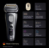 Taghareed Braun Series 9 Pro+ electric shaver in silver, featuring 5+1 Pro Shaving Head, ProLift trimmer, and 100% waterproof design. Includes SmartCare Center and PowerCase.