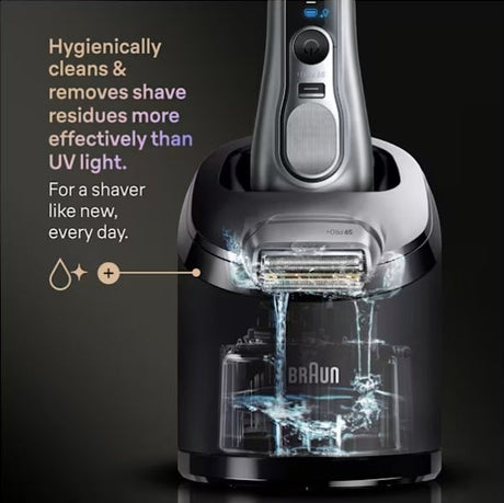 Taghareed Braun Series 9 Pro+ electric shaver in silver, shown cleaning in its SmartCare Center with liquid.