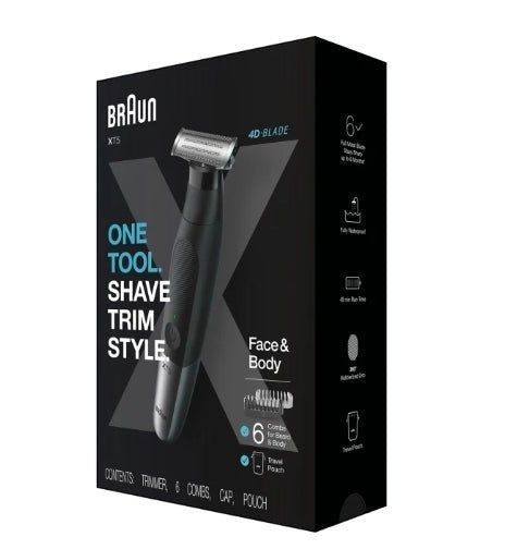 Braun Series X XT5200 electric shaver and trimmer for face and body, black with metallic and grey accents, 4D-Blade technology.