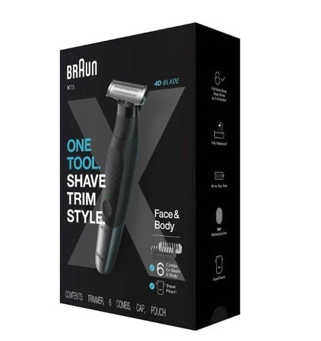 Braun Series X XT5200 electric shaver and trimmer for face and body, black with metallic and grey accents, 4D-Blade technology.