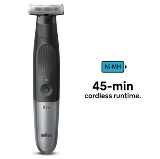 Braun Series X XT5200 electric shaver and trimmer, black and silver with 4D-Blade technology and 45-min cordless runtime.