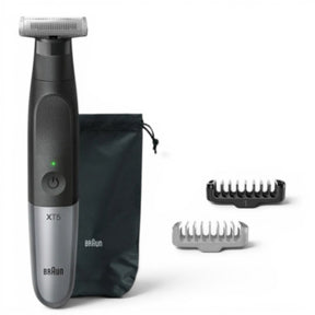 Braun Series X XT5200 electric shaver and trimmer in black and silver with 4D-Blade, charging indicator, and included accessories like combs and travel pouch.