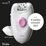 Braun Silk-épil 1 Epilator SE1-010, white and pink, with 20 tweezers and SoftLift tips for smooth skin up to 4 weeks. Corded use.