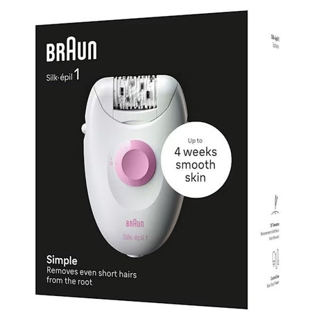 Braun Silk-épil 1 epilator, white and pink, with 20 tweezers and SoftLift Tips for smooth skin up to 4 weeks.