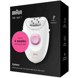Taghareed Braun Silk-épil 1 epilator, white and pink, with 20 tweezers and SoftLift tips for efficient hair removal.