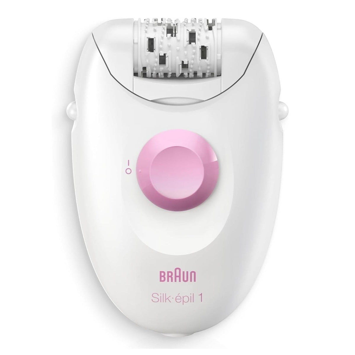 Braun Silk-épil 1 Epilator SE1-010 white and pink with 20 tweezers and SoftLift tips for efficient hair removal.