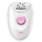 Braun Silk-épil 1 Epilator SE1-010 white and pink with 20 tweezers and SoftLift tips for efficient hair removal.