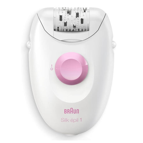 Braun Silk-épil 1 Epilator SE1-010 white and pink with 20 tweezers and SoftLift tips for efficient hair removal.
