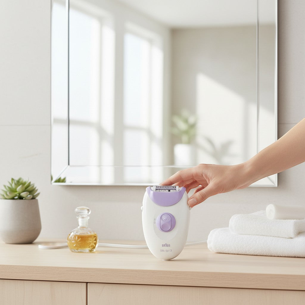 Braun Silk-épil 3 epilator in white and lilac with 20 tweezers and Smartlight. Corded.