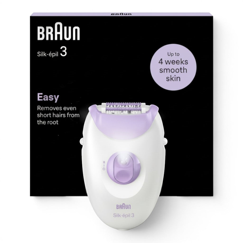 Braun Silk-épil 3 epilator in white and lilac, with 20 tweezers and Smartlight for smooth skin.