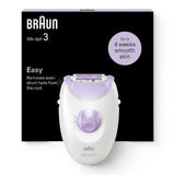 Braun Silk-épil 3 epilator in white and lilac, with 20 tweezers and Smartlight for smooth skin.