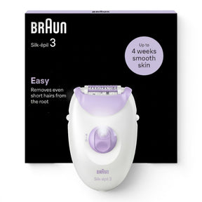 Braun Silk-épil 3 epilator in white and lilac, with 20 tweezers and Smartlight for smooth skin.