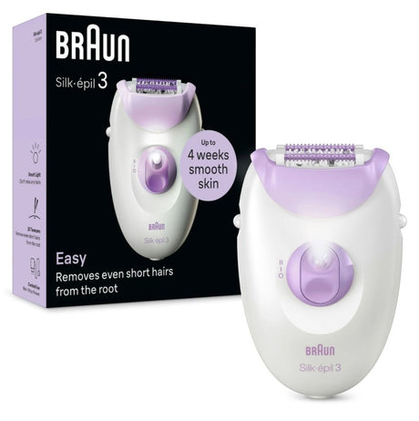Braun Silk-épil 3 epilator in white and lilac, with 20 tweezers and Smartlight for smooth skin.