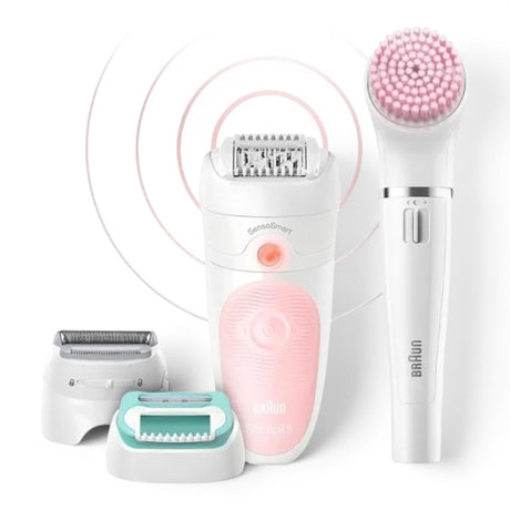 Braun Silk-épil 5 5-875BS Beauty Set with epilator, shaver head, trimmer cap, and FaceSpa brush. White and pink.