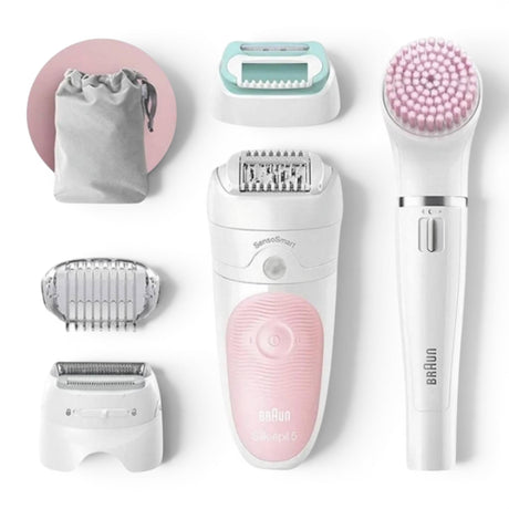 Braun Silk-épil 5 5-875BS Beauty Set with epilator, shaver head, trimmer cap, beginner cap, massage roller, and FaceSpa brush. White and pink.