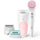 Taghareed Braun Silk-épil 5 beauty set with epilator, shaver, trimmer, and facial cleansing brush. White and pink.