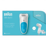 Braun Silk-épil 5 Wet & Dry epilator in white and blue, with 28 tweezers for smooth skin. Includes 3 extras.