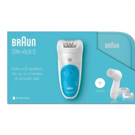 Braun Silk-épil 5 Wet & Dry epilator in white and blue, with 28 tweezers for smooth skin. Includes 3 extras.