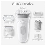 Braun Silk-épil 7 Wet & Dry Epilator SE7-041 with 40 tweezers, Smartlight, and 2 attachments: trimmer comb, shaver head, skin contact cap, pouch, and cleaning brush.