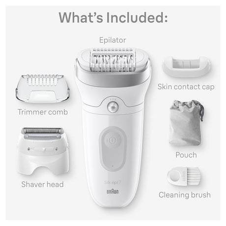 Braun Silk-épil 7 Wet & Dry Epilator SE7-041 with 40 tweezers, Smartlight, and 2 attachments: trimmer comb, shaver head, skin contact cap, pouch, and cleaning brush.