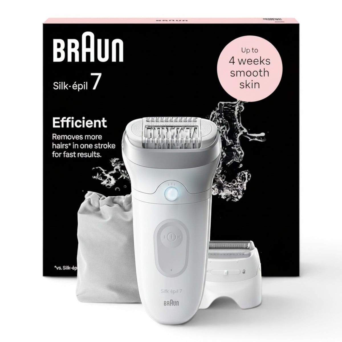 Taghareed Braun Silk-épil 7 Wet & Dry epilator with 40 tweezers, Smartlight, and pivoting head. Includes 2 attachments.