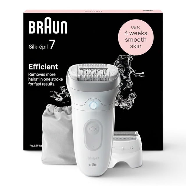 Taghareed Braun Silk-épil 7 Wet & Dry epilator with 40 tweezers, Smartlight, and pivoting head. Includes 2 attachments.
