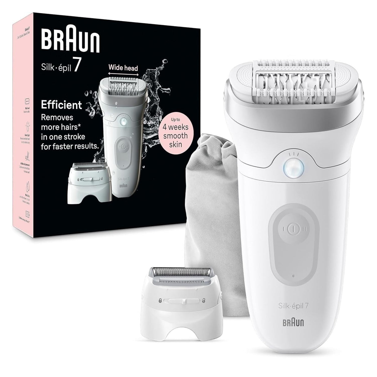 Braun Silk-épil 7 Wet & Dry Epilator SE7-041, white, with 40 tweezers and Smartlight for efficient hair removal. Includes 2 attachments and a storage pouch.