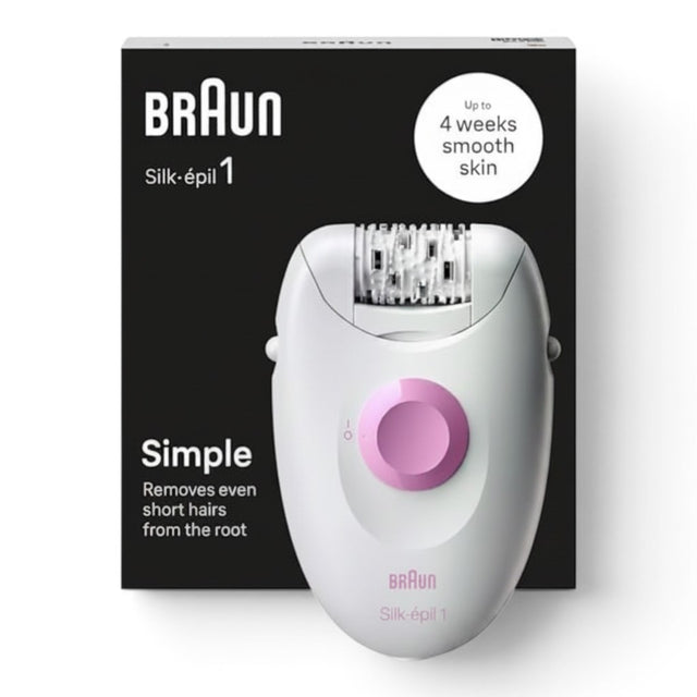 Braun Silk-épil 1 epilator, white and pink, with 20 tweezers and SoftLift Tips for smooth skin for up to 4 weeks.