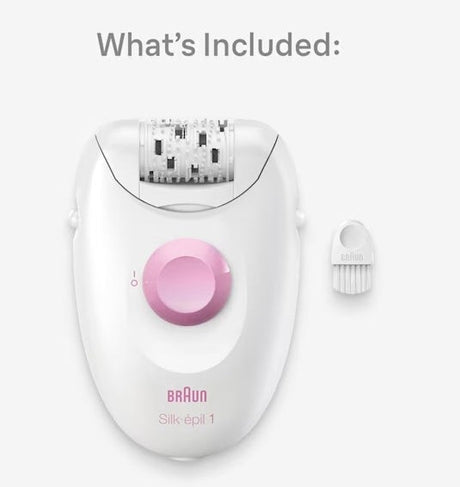 Braun Silk-épil 1 epilator in white and pink with a 20-tweezer system and SoftLift Tips.
