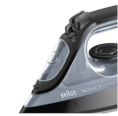 Braun TexStyle 3 Steam Iron SI3055BK, black and grey, with FreeGlide 3D soleplate and 2400W power.