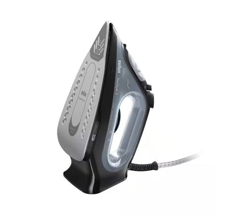 Taghareed Braun TexStyle 3 Steam Iron SI3055BK, black and silver, with FreeGlide 3D soleplate and 2400W power.
