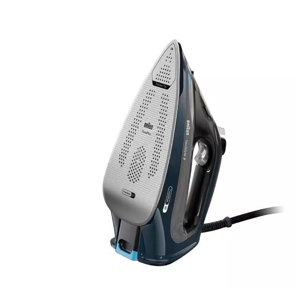 Braun TexStyle 9 Steam Iron SI9682DB, dark blue and silver, with EloxalPlus soleplate and FreeGlide 3D technology.