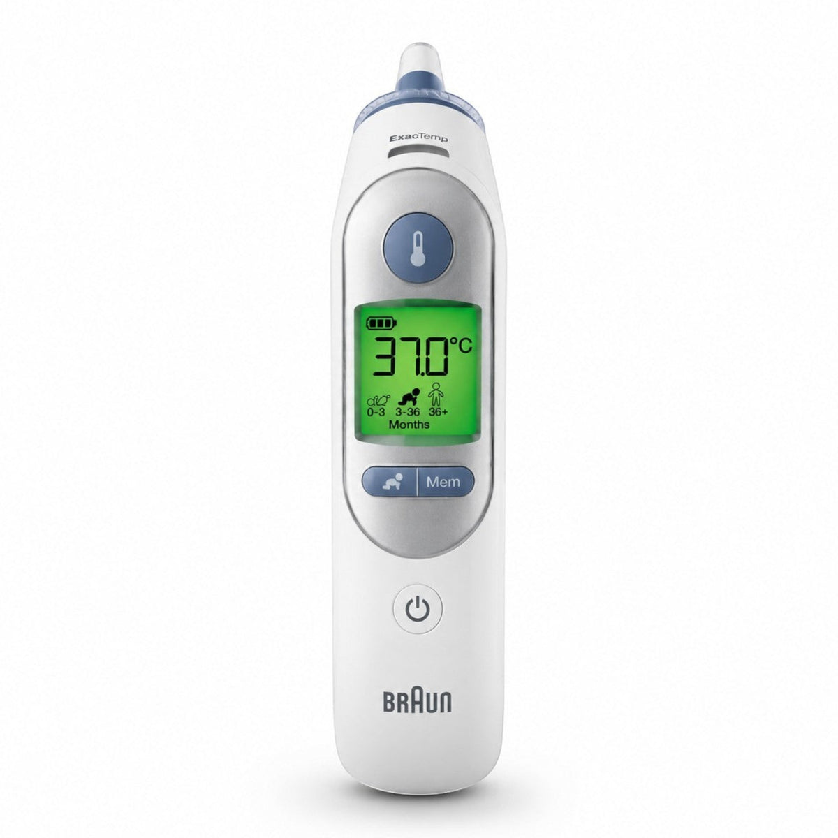 Braun ThermoScan 7 ear thermometer with Age Precision technology, digital display showing 37.0°C, white and blue