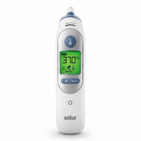 Braun ThermoScan 7 ear thermometer with Age Precision technology, digital display showing 37.0°C, white and blue
