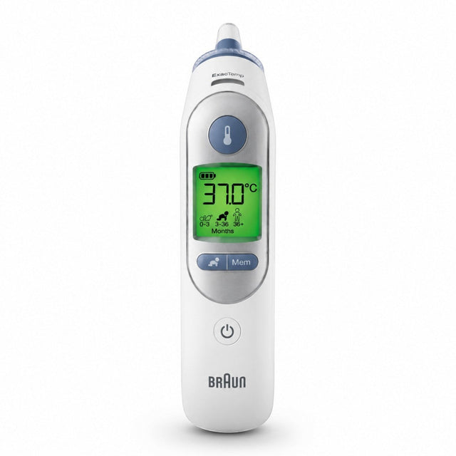 Braun ThermoScan 7 ear thermometer with Age Precision technology, digital display showing 37.0°C, white and blue