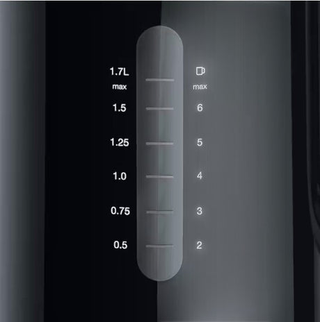 Taghareed Braun Breakfast1 Water Kettle WK1100BK water level indicator showing 1.7L max capacity and cup markings.
