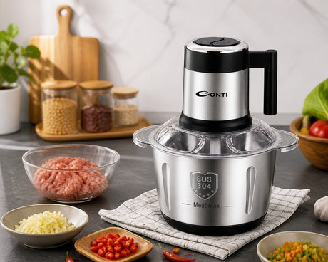 Taghareed CONTI 5L CH 55002 SS electric chopper with 500W copper motor, 5L stainless steel bowl, and 6 gold-coated stainless steel blades.