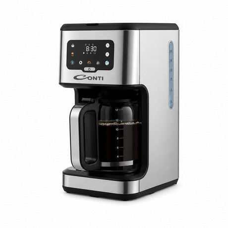 CONTI American Coffee Maker CM 3033 BS, 17-cup capacity, stainless steel with glass carafe, digital display, and touch controls.