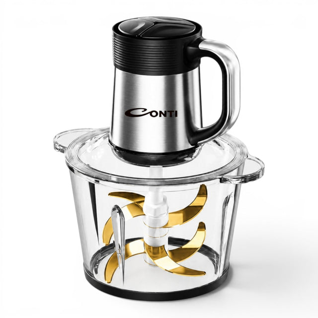 Taghareed CONTI CH 35001 GL 3L chopper with glass bowl, 500W copper motor, and 6 gold stainless steel blades.