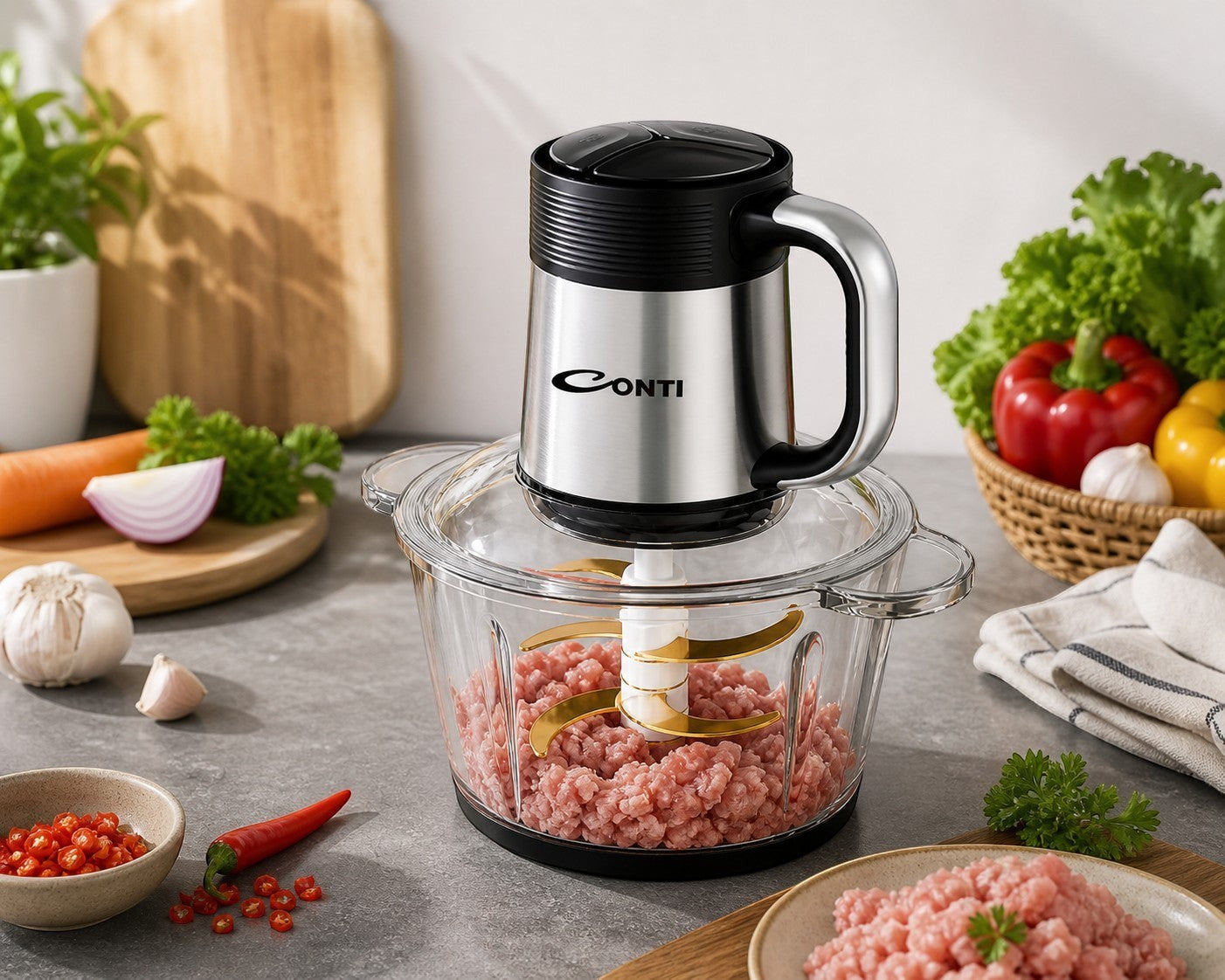 Taghareed CONTI CH 35001 GL 500W food chopper with 3L glass bowl and 6 gold stainless steel blades, mincing meat.