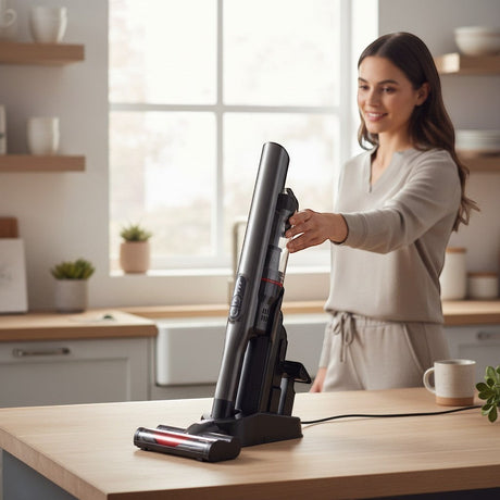 Taghareed CONTI VCH40203-CH cordless stick vacuum cleaner in black and silver, with HEPA filter and 2 speeds.