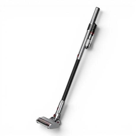 Taghareed CONTI cordless stick vacuum cleaner in black and silver with motorized brush and HEPA filter.