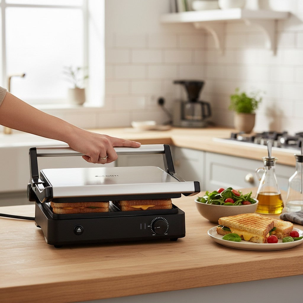 Taghareed CONTI Grill 2000W GT2200-S, 180° opening, non-stick plates, making grilled cheese sandwiches.