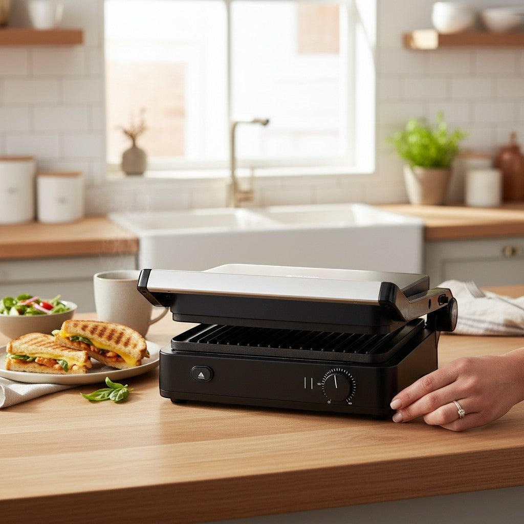 Taghareed CONTI Grill 2000W GT2201-G, black, with removable non-stick plates and 180° opening, shown in a kitchen setting with grilled sandwiches.